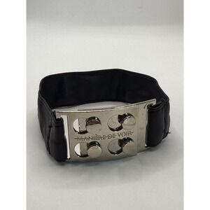 Manière De Voir Black Leather Cuff Bracelet Silver Tone Industrial Unisex